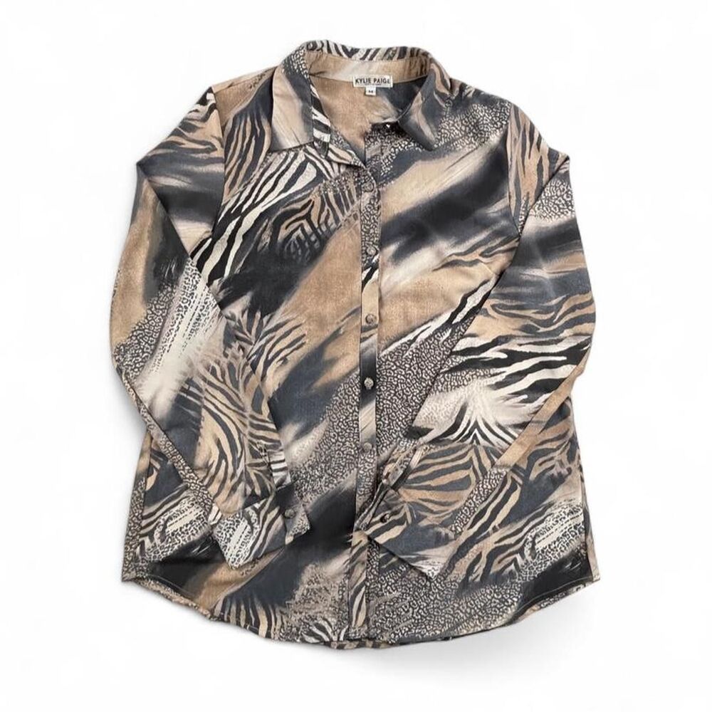 Kylie Paige Animal Print Button Up Blouse Women’s M Zebra Leopard Y2K